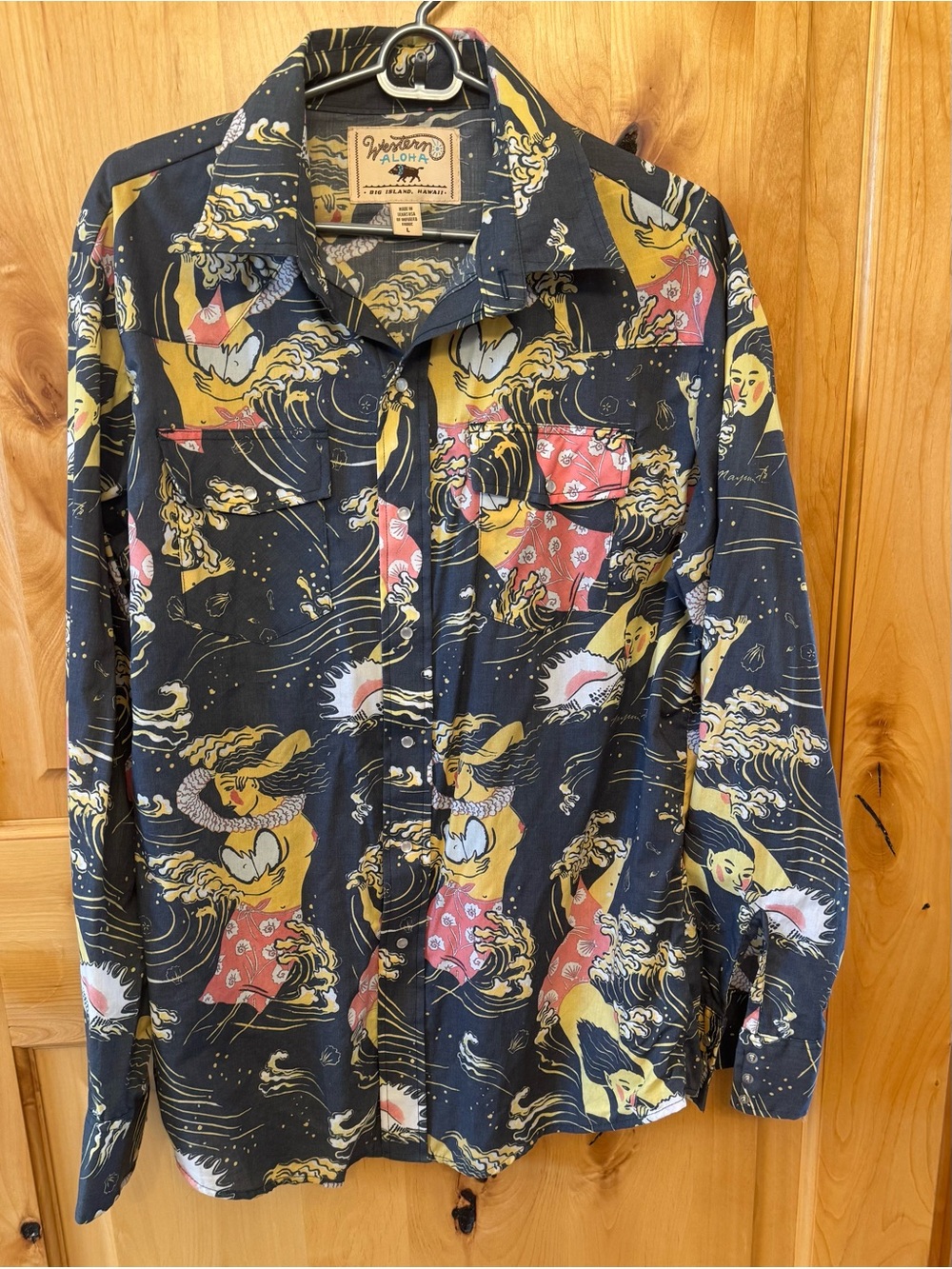 Western Aloha Men's Black & Yellow Hawaiian Print Shirt lrg Pearl snap western